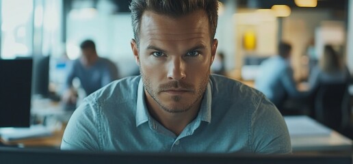 Poster - A focused man working at a computer in a busy office environment.