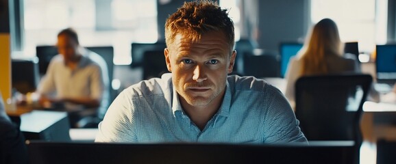 Poster - A focused man in an office setting, engaged with his work.