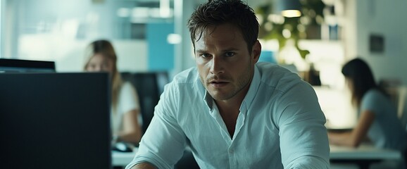 Poster - A focused man in an office setting, engaged in work on a computer.
