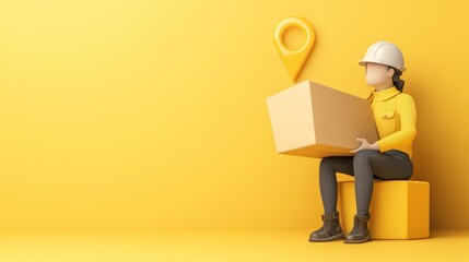 Poster - A 3D character in a hard hat holds a box, set against a yellow background with a location pin.