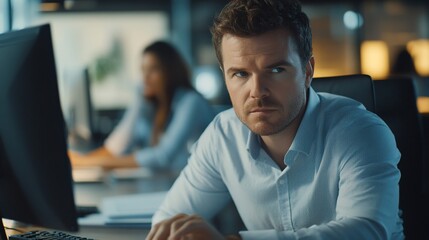 Poster - A focused man working at a computer in a modern office setting.