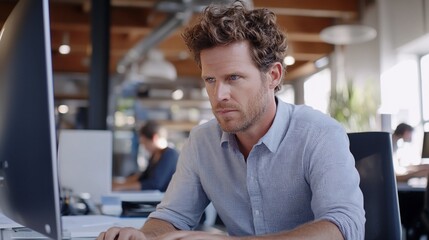 Poster - A focused man working on a computer in a modern office setting.
