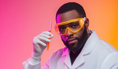Poster - A scientist in a lab coat holds a test tube, showcasing an experiment against a colorful backdrop.