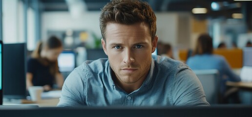 Poster - A focused man working intently in a modern office environment.