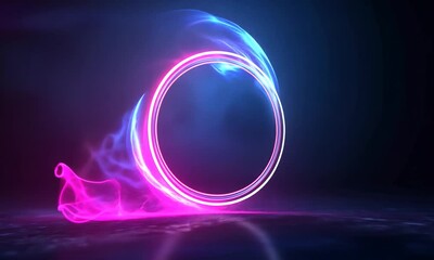 Abstract glowing neon pink and blue light circle portal on a dark background.