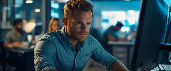 Poster - A focused man working on a computer in a modern office environment.