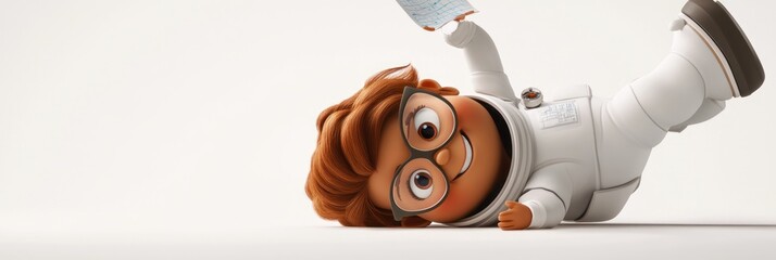 Poster - A cheerful cartoon character in a spacesuit, lying down and holding a piece of paper.