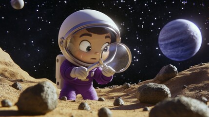 Poster - A curious child astronaut explores a rocky alien landscape with a magnifying glass.