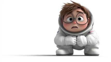 Poster - A cartoon character in an astronaut suit, looking worried and crouched down.