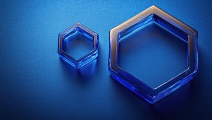 Poster - Two hexagonal glass shapes on a blue background, showcasing geometric design and elegance.