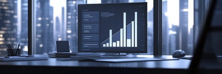 Poster - A modern workspace featuring a monitor displaying growth charts and data analysis.
