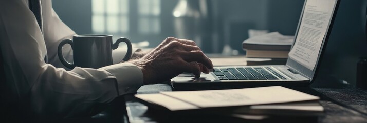 Aufkleber - A person typing on a laptop with a coffee cup nearby, surrounded by papers.