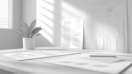 Poster - A monochromatic workspace featuring documents, a plant, and a minimalist design.