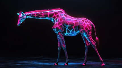 Poster - A vibrant, neon-colored giraffe stands against a dark background, showcasing artistic design.