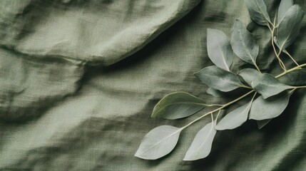 Poster - A serene arrangement of green leaves on a textured fabric background.
