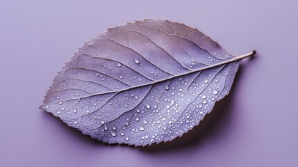 Poster - A close-up of a water droplet-covered leaf on a soft purple background.