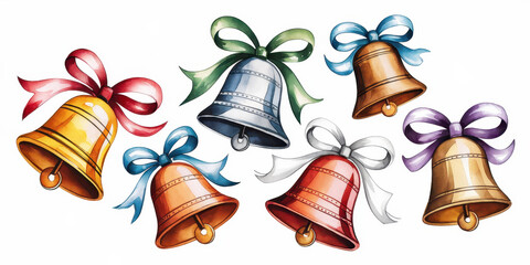 Wall Mural -  Festive Bells with Bows: A charming collection of six hand-drawn bells, each adorned with a colorful ribbon, evokes a sense of joy and celebration. Perfect for holiday designs, greeting cards.