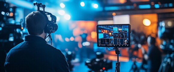 Poster - A media operator monitors a live broadcast setup with cameras and screens.
