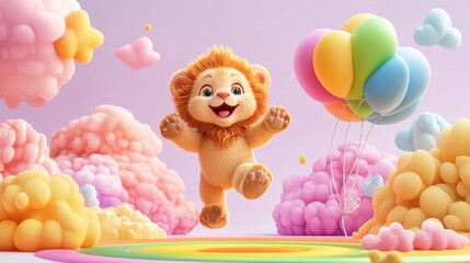 Poster - A cheerful cartoon lion jumps joyfully among colorful clouds and balloons in a vibrant setting.