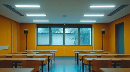 Poster - A modern classroom with rows of desks and large windows.