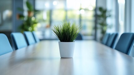 Poster - A modern conference room with a potted plant as a centerpiece.