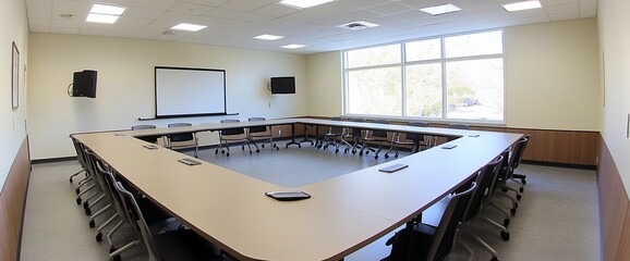 Poster - A modern conference room with a large table and audiovisual equipment.