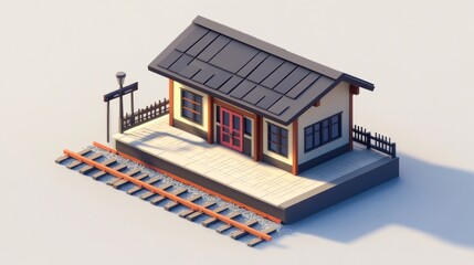 Poster - A stylized train station model with a small building, platform, and railway tracks.