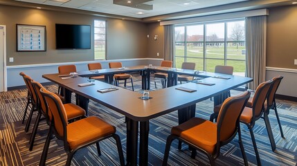 Poster - A modern conference room set up for meetings and discussions.