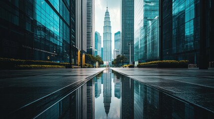 Poster - A cityscape featuring modern skyscrapers and a reflective puddle.