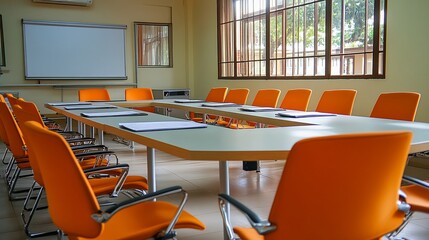 Poster - A modern conference room with orange chairs and a large table.