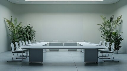 Poster - A modern conference room with a large table and greenery.