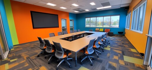 Poster - A modern conference room with vibrant colors and a large table.