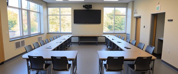 Poster - A modern conference room with tables, chairs, and a display screen.