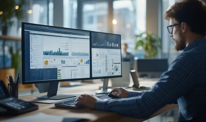 Poster - A person analyzing data on dual monitors in a modern office.