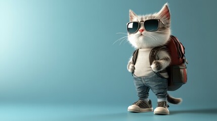 Poster - A stylish cat wearing sunglasses and a backpack, posing confidently against a blue background.