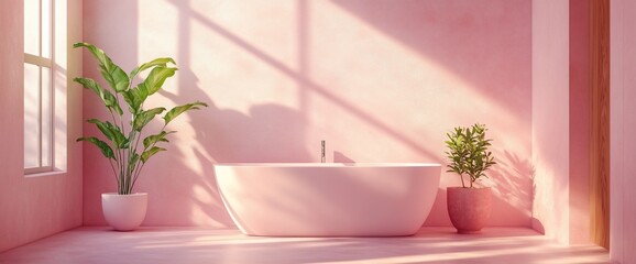 Poster - A serene bathroom with a modern bathtub and decorative plants.