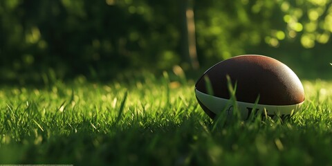 Aufkleber - A close-up of a football resting on lush green grass in a serene outdoor setting.