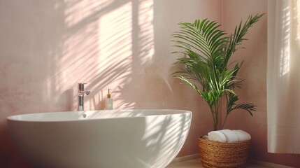 Poster - A serene bathroom with a modern tub and a decorative plant.