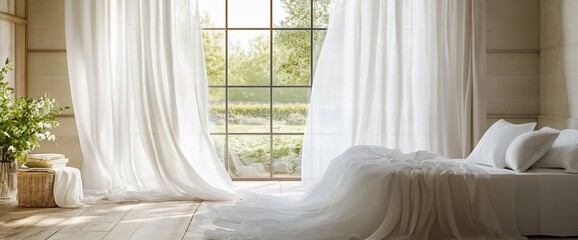 Poster - A serene bedroom with natural light and soft curtains.