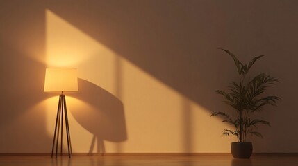 Poster - A serene interior scene with a lamp casting shadows and a potted plant.