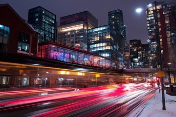 Poster - A long exposure shot of city traffic trails at night.
