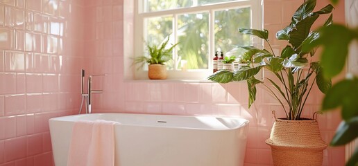 Aufkleber - A serene pink bathroom featuring a freestanding tub and indoor plants.