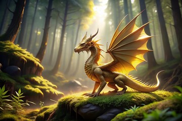 Wall Mural - Golden-Winged Dragon Basking in the Sun: An Elegant and Majestic Presence in a Serene Forest Setting, Capturing the Essence of Nature's Beauty and Tranquility