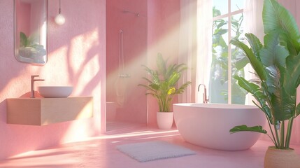 Poster - A serene pink bathroom featuring plants and natural light.