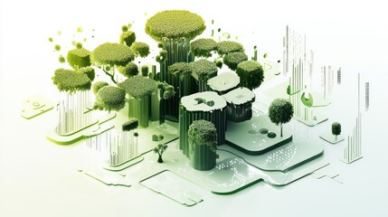 Aufkleber - A stylized green landscape featuring abstract trees and structures, symbolizing nature and innovation.