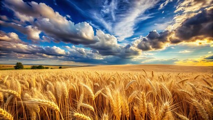 Poster - Golden Wheat Fields Under a Dramatic Sky: A Captivating Landscape Captured in the Rule of Thirds for Stunning Visual Appeal and Rural Serenity