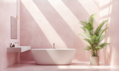 Poster - A serene pink bathroom featuring a modern tub and indoor plant.
