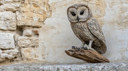 Poster - A decorative owl sculpture perched on a wooden base against a textured stone wall.