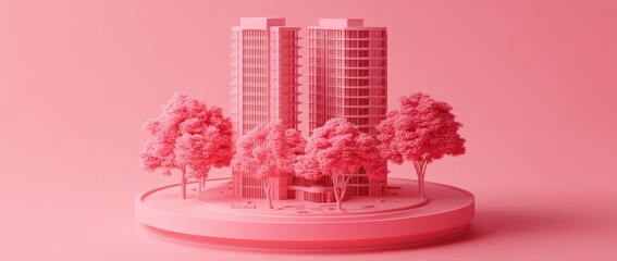 Poster - A stylized 3D model of modern buildings surrounded by pink trees on a circular base.