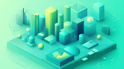Leinwandbilder - Abstract 3D cityscape with geometric shapes and data visualizations in a teal color scheme.